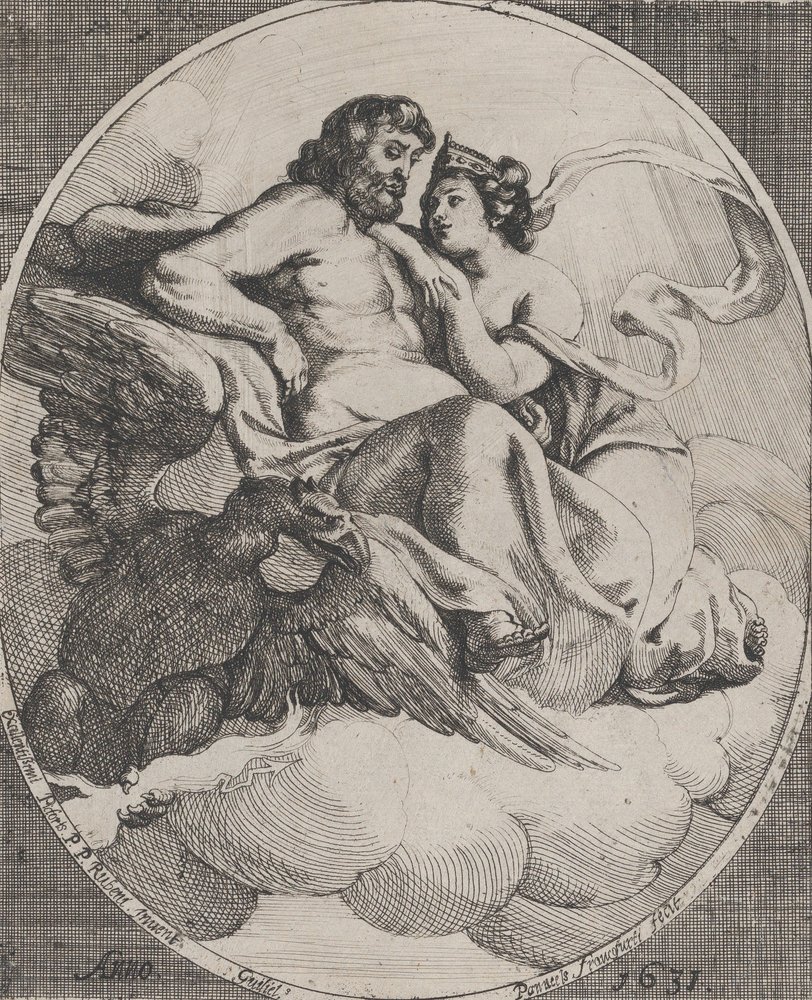 Júpiter e Juno sentados nas nuvens, com uma águia segurando os relâmpagos em baixo à esquerda, 1631. de Willem Panneels