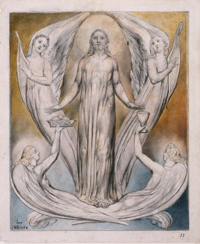 Anjos ministrando a Cristo, ilustração de &39;Paradise Regained&39;, de John Milton, c.1816-18 (caneta e tinta, lavagem cinza e wc no papel) de William Blake