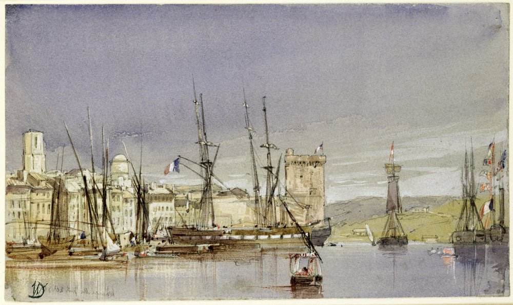 Marselha, transporte a âncora e navio mercante Becalmed, 1836 de William Callow