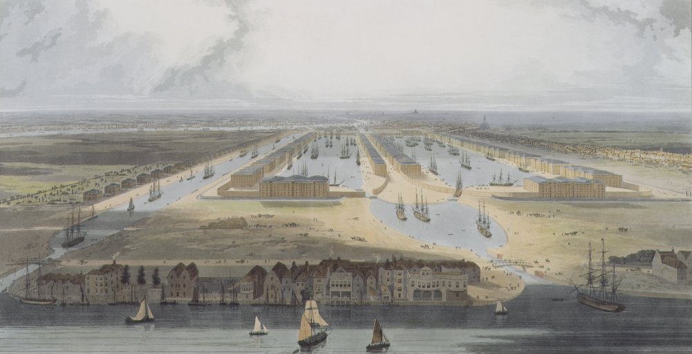 West India Trade Docks, a partir de &39;seis vistas das docas de Londres&39;, 1802 (aquatint colorido) de William Daniell