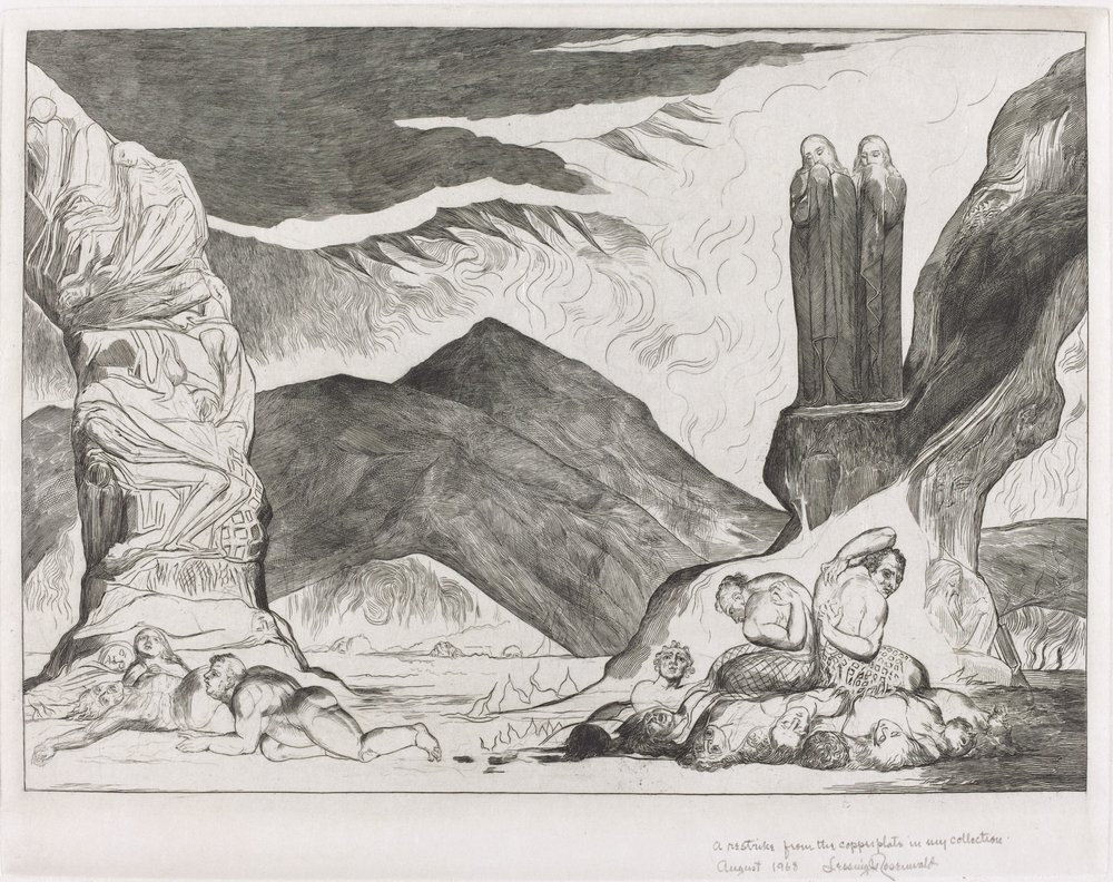 O Círculo dos Falsificadores: Dante e Virgílio Cobrindo o Nariz por causa do fedor de William Blake