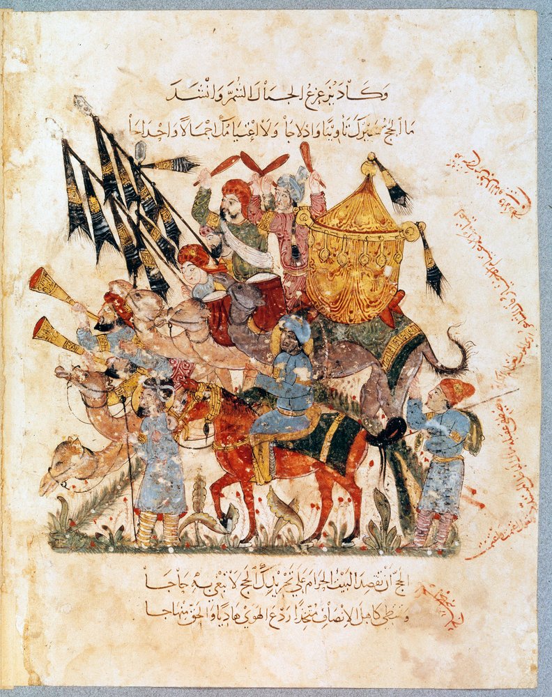 Caravana de peregrinos viajando para Meca Miniatura do "Maqamat" (Seances) de Abu Mohammed al-Kasim ibn Ali Hariri (ou Al-Hariri ou Al Hariri) (1054-1122) alistada por Yahya Mahmud al-Wasiti (al Wasiti) em 1237, Paris, B.N. de Yahya ibn Mahmud Al-Wasiti