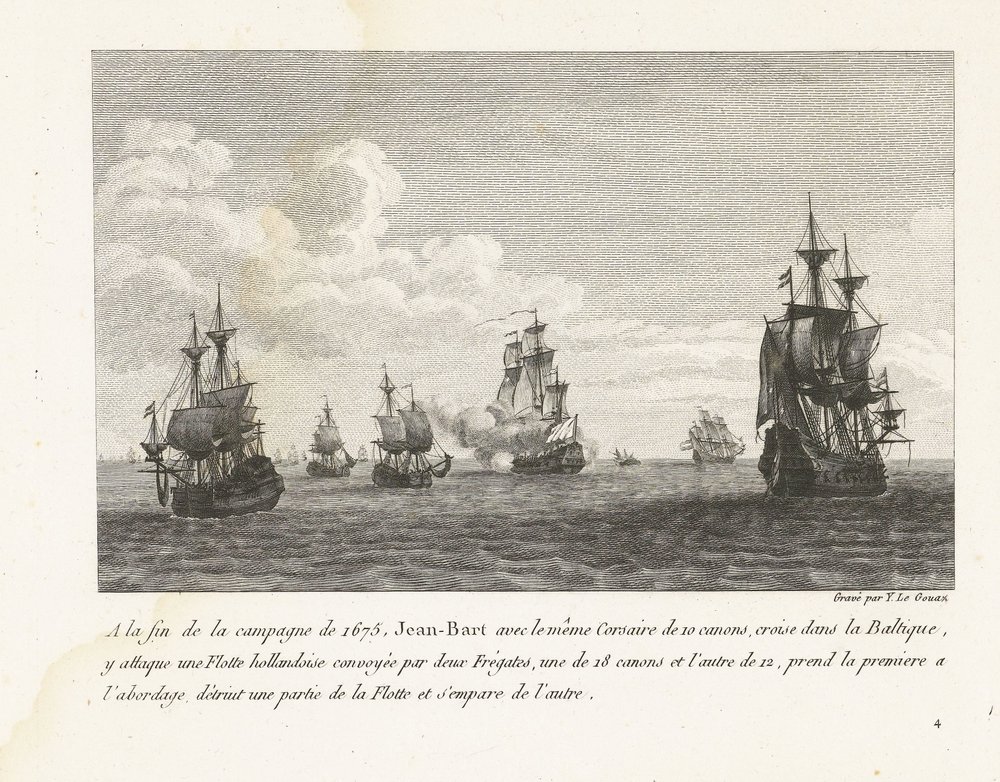 Jan Bart valt Hollandse schepen in de Baltische zee aan, 1675
No final da campanha de 1675, Jean-Bart com o mesmo corsário de 10 armas, cruzeiros no Báltico, ataca uma frota holandesa (...) (título sobre o objecto)
Colecção das batalhas de Jean-Bart de Yves Marie Le Gouaz