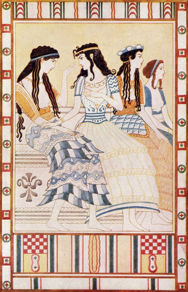 Damas da corte minoica, ilustração de «Mitos de Creta e da Europa pré-helénica», de Donald A. Mackenzie, publicado em 1917 de after John Duncan