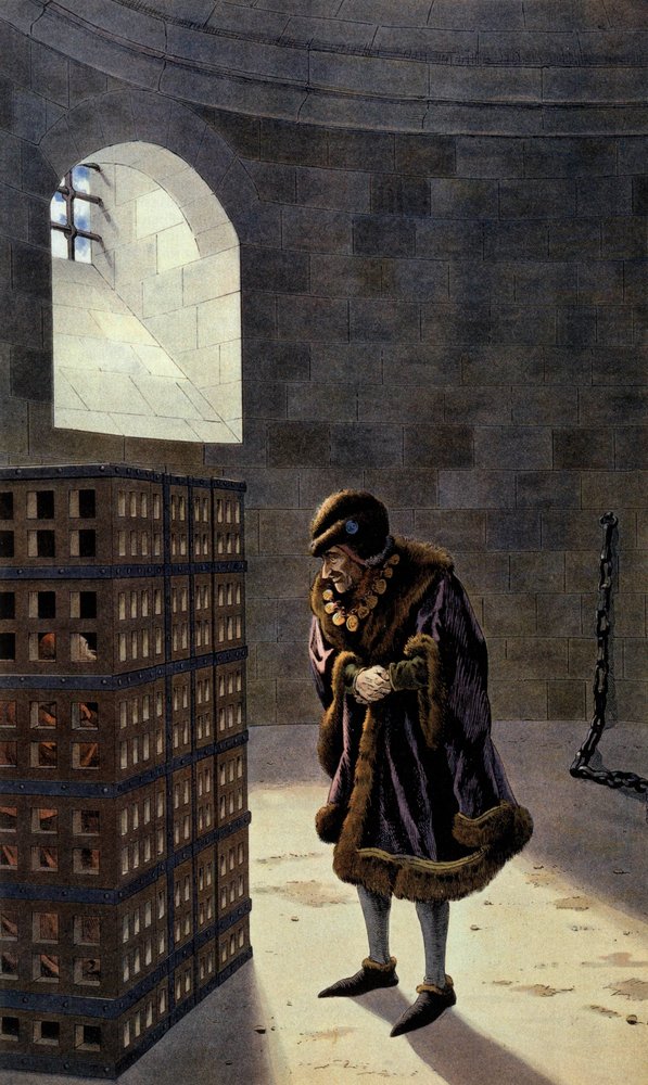 O rei francês Luís XI visita o cardeal Jean de la Balue na prisão de pseudonym for Jacques Onfroy de Bréville Job