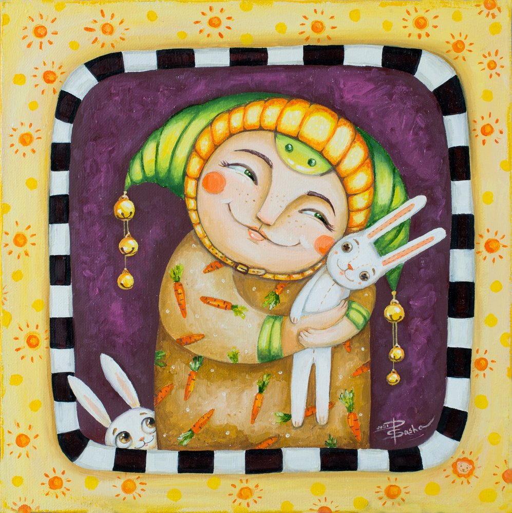 Personagem sorridente e coelhinhos de Aleksandra Paranchenko