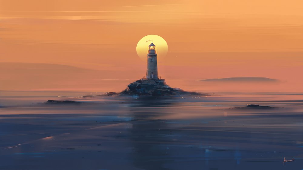 Pôr-do-sol no Farol Dourado de Alena Aenami