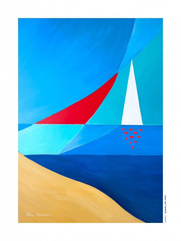 Barcos à vela geométricos na praia de Alex Nereuta