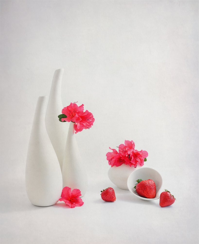Morangos frescos e flores cor-de-rosa de Alice Sheng