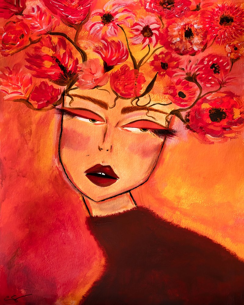 Mulher com cabeça floral - Rapariga da moda de Amy Straley