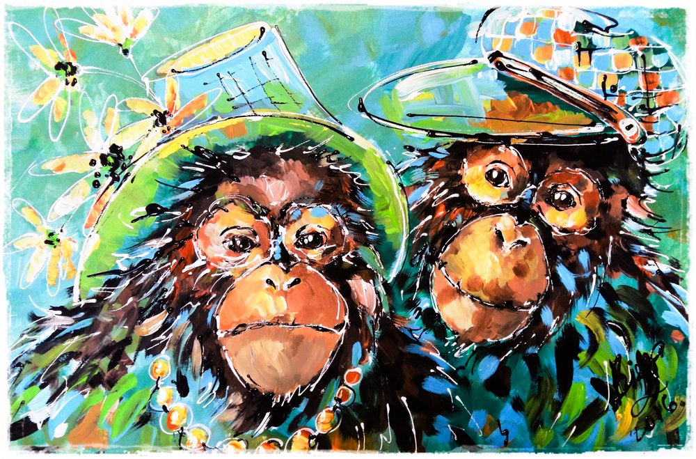 Macacos brincalhões com chapéus de Anda Bieza