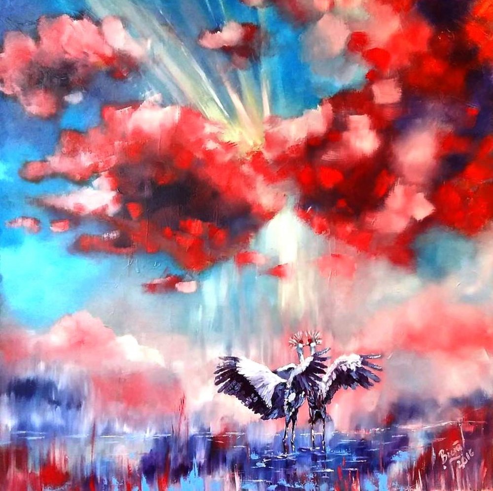 Duas gruas, nuvens vermelhas de Anda Bieza