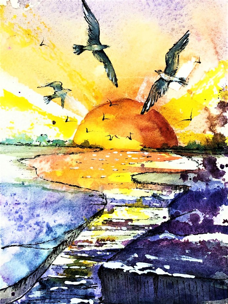 Pôr-do-sol vibrante no oceano de Anda Bieza