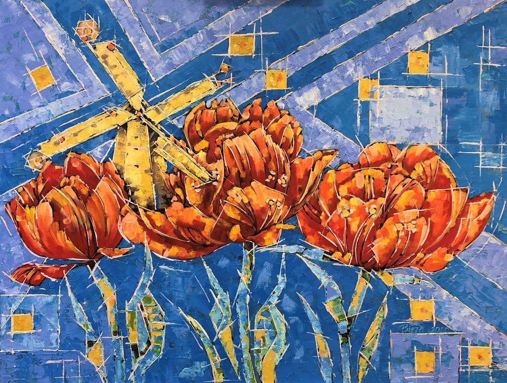 Tulipas coloridas e um moinho de vento de Anda Bieza