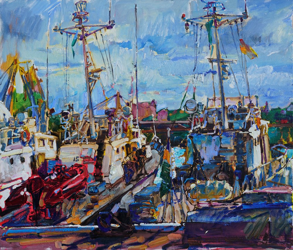 Barcos coloridos no porto de Andrii Kutsachenko