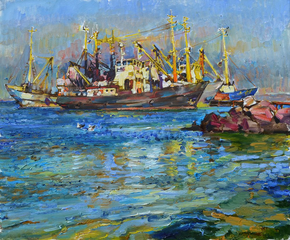 Barcos coloridos no porto de Andrii Kutsachenko