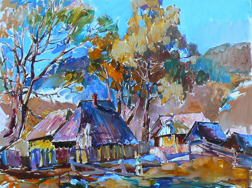 Casas coloridas na aldeia de Andrii Kutsachenko