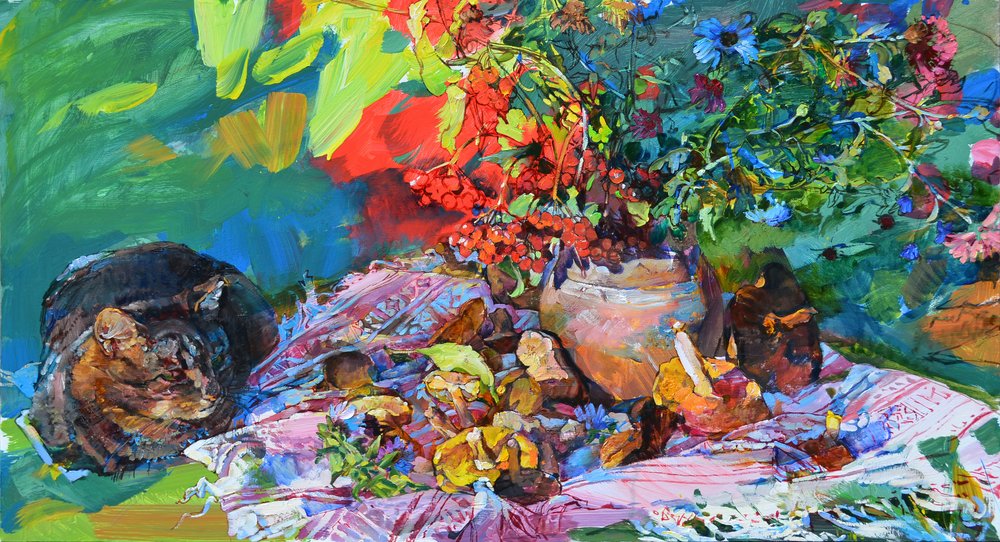 Natureza morta com gato e flores vibrantes de Andrii Kutsachenko