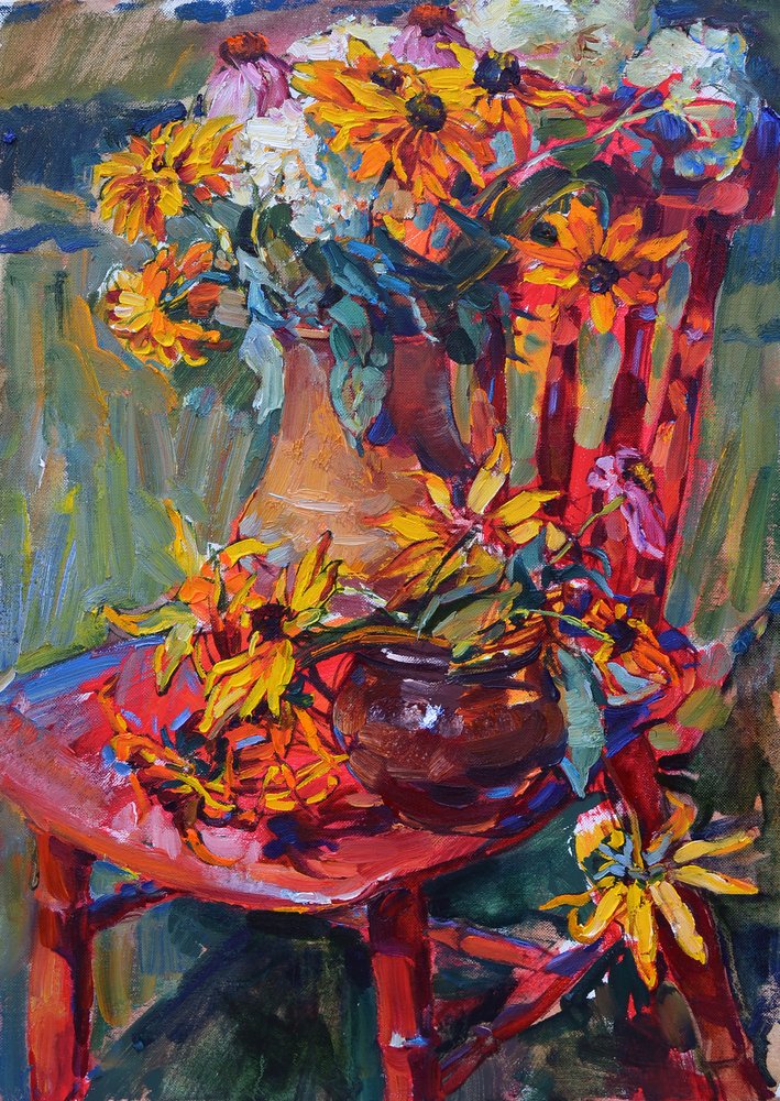 Cadeira Vermelha com Flores Amarelas de Andrii Kutsachenko