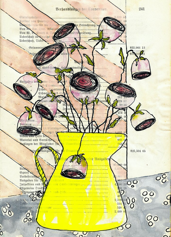 Jarro amarelo com flores cor-de-rosa de Annick