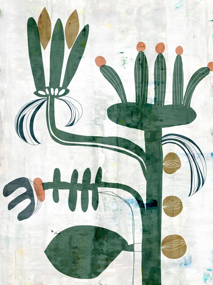 flores abstratas, fundo verde natural com textura e luz suave de Annick