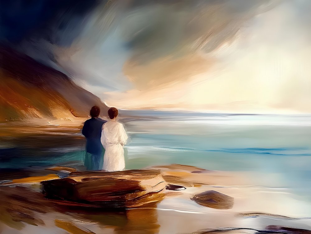 Casal ao pôr do sol na costa de Avanesova Elena