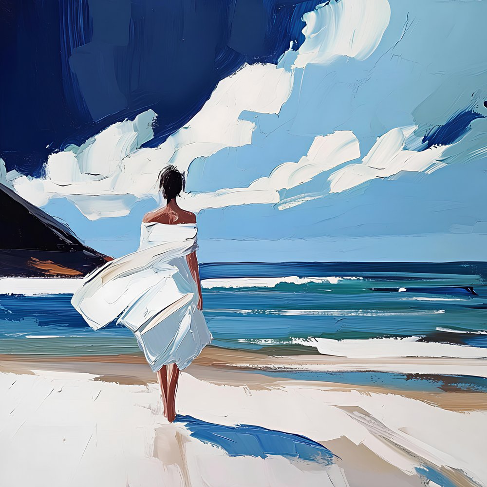 Mulher a caminhar na praia de Avanesova Elena