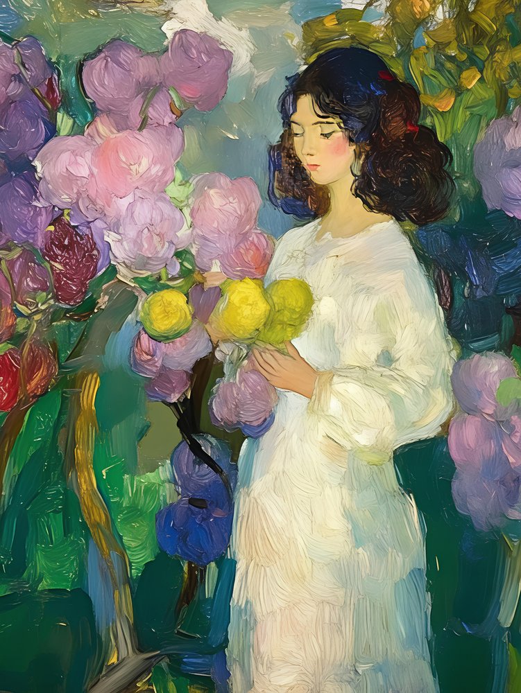 Mulher num jardim de flores de Avanesova Elena