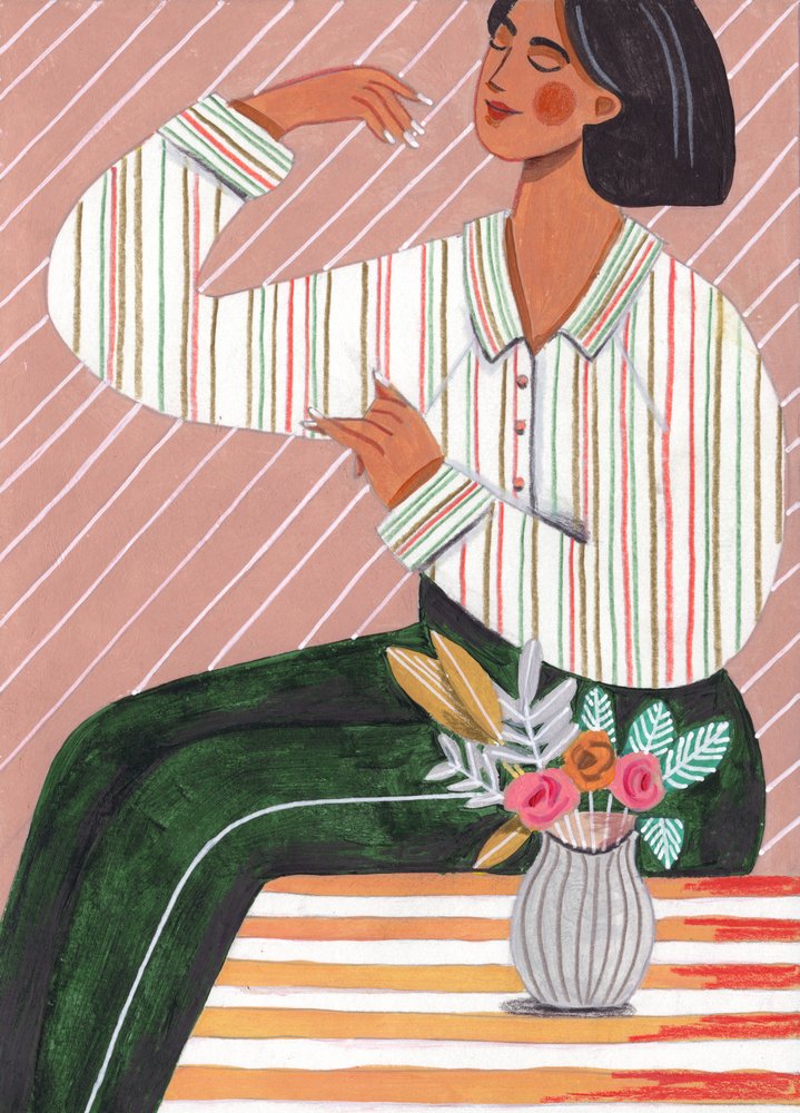 Mulher com camisa às riscas e calças verdes de Caroline Bonne Müller