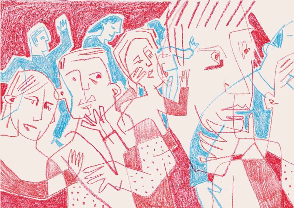 Figuras expressivas em vermelho e azul de Catalina Somolinos