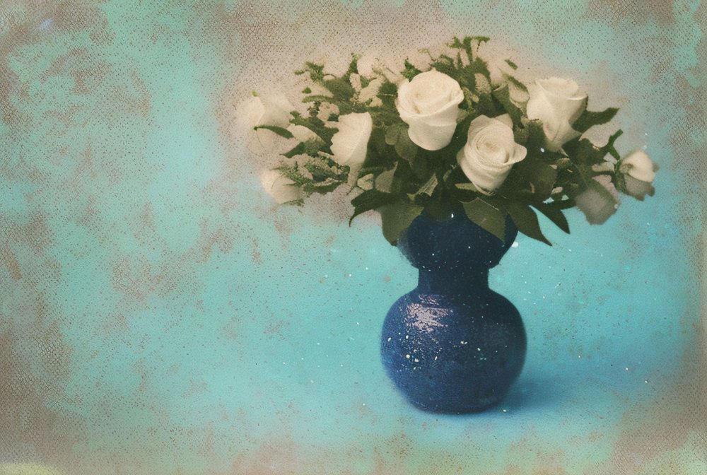 Rosas brancas em vaso azul de Cicero Spin