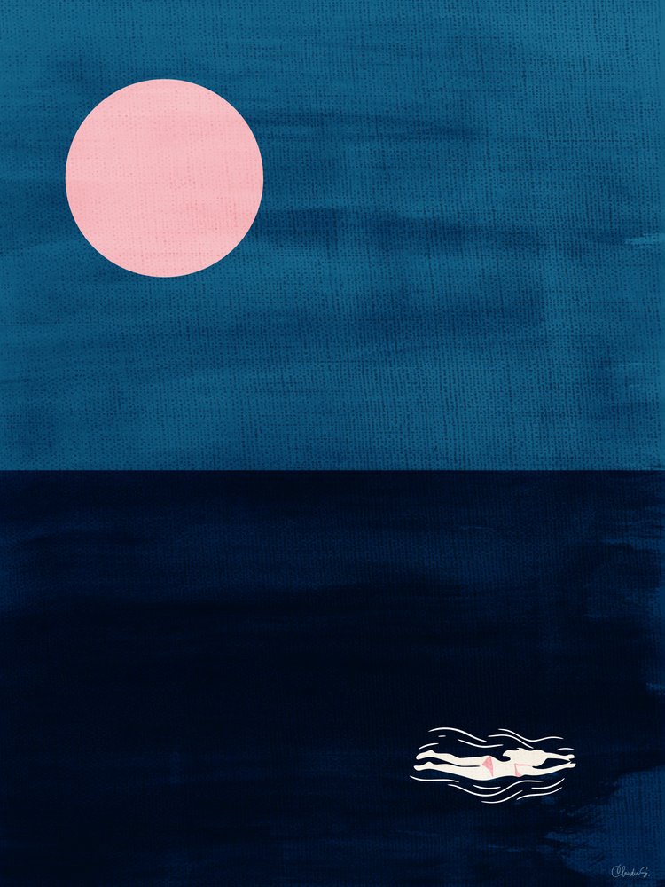 Impressão artística abstrata do oceano «Midnight Swim Pink Moon» de Claudia Spano'