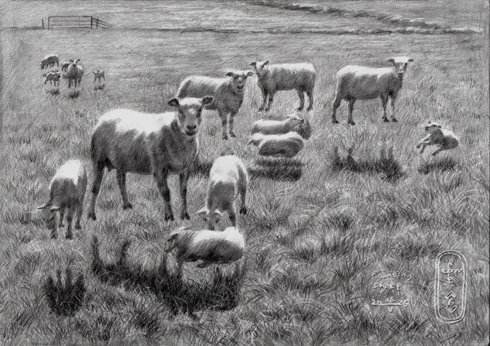 Desenho de um pasto tranquilo com ovelhas de Corné Akkers
