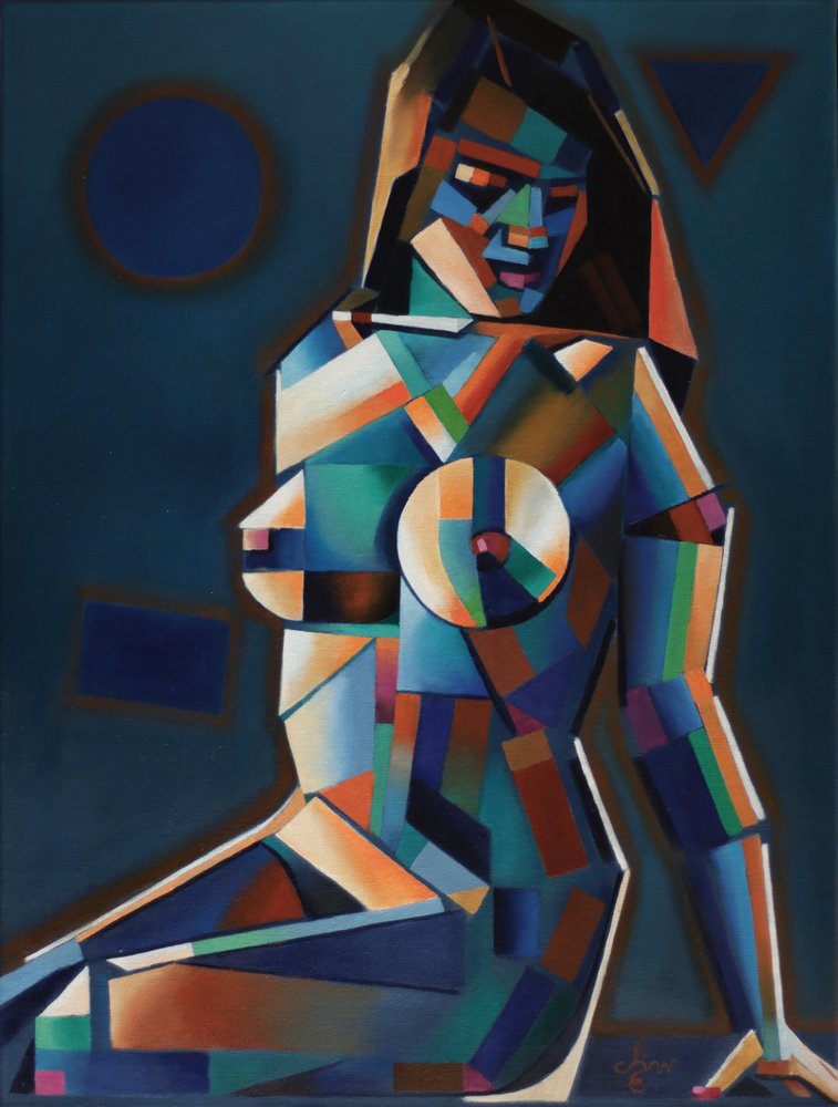 Figura cubista vibrante de Corné Akkers