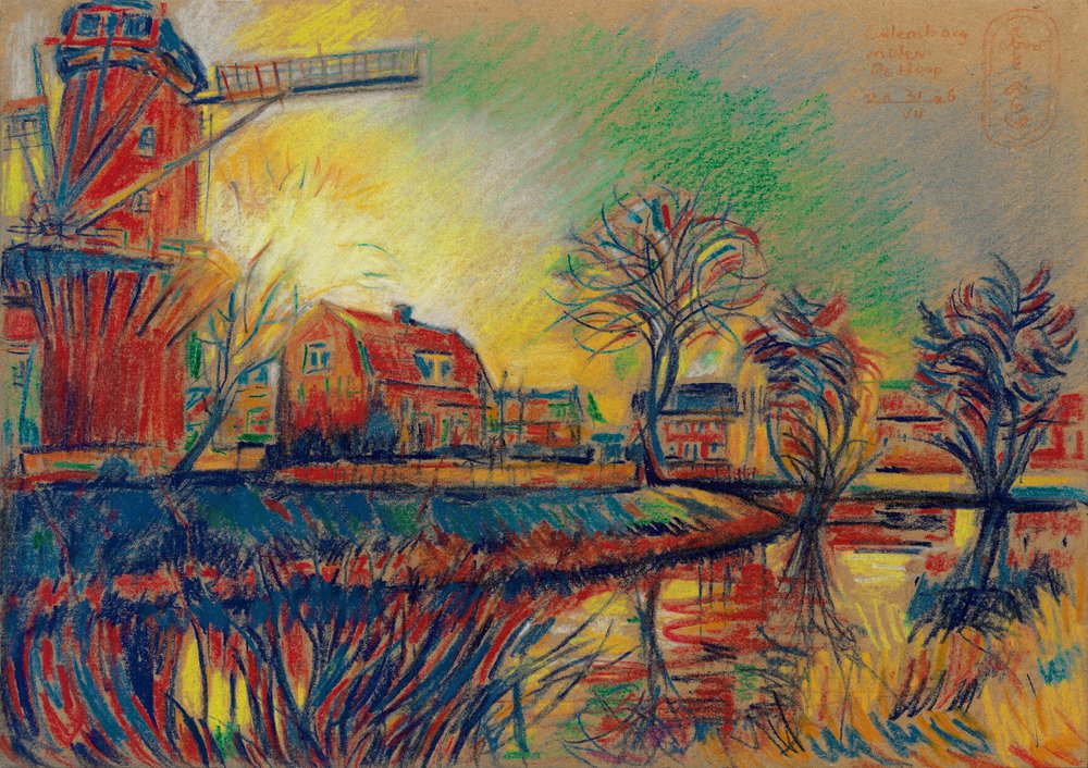 Cena vibrante de aldeia com moinho de vento de Corné Akkers
