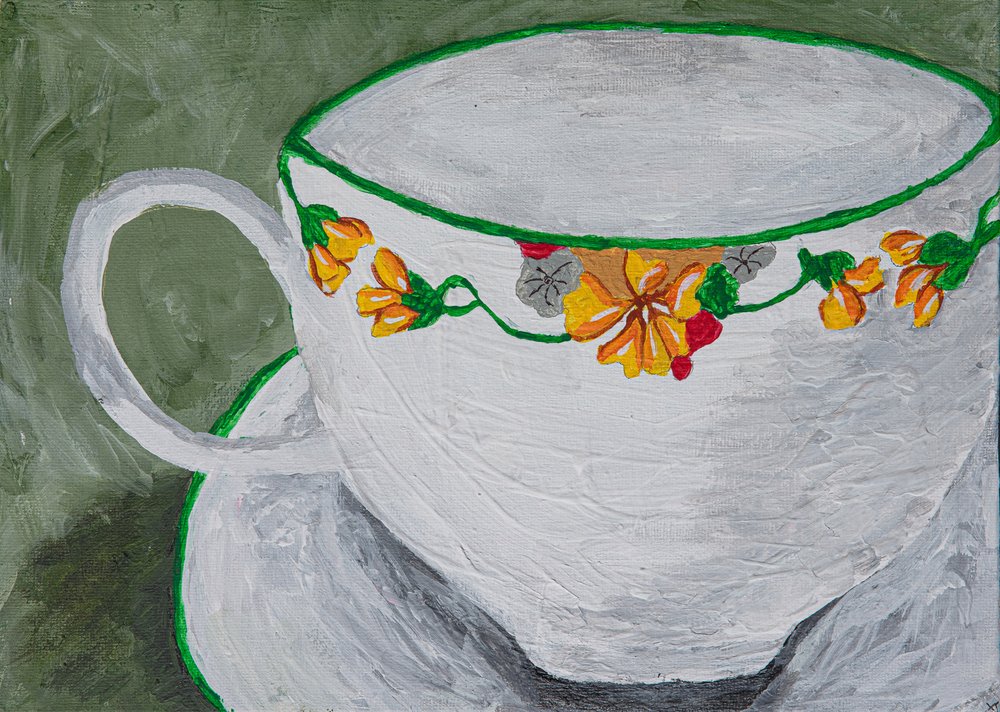 Chávena de chá aconchegante com motivos florais de Dale Hefer & Family