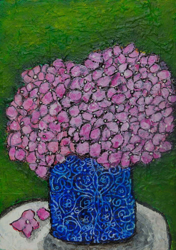 Natureza morta com hortênsias cor-de-rosa de Dale Hefer & Family