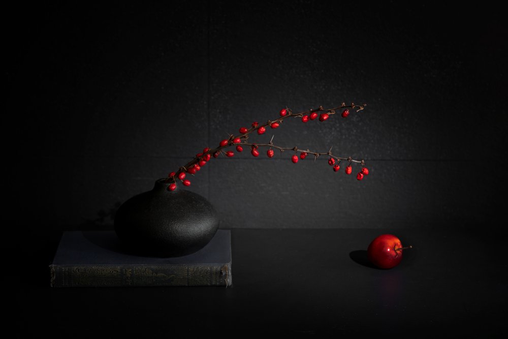 Natureza morta com bagas vermelhas num vaso preto de Dennis Zhang