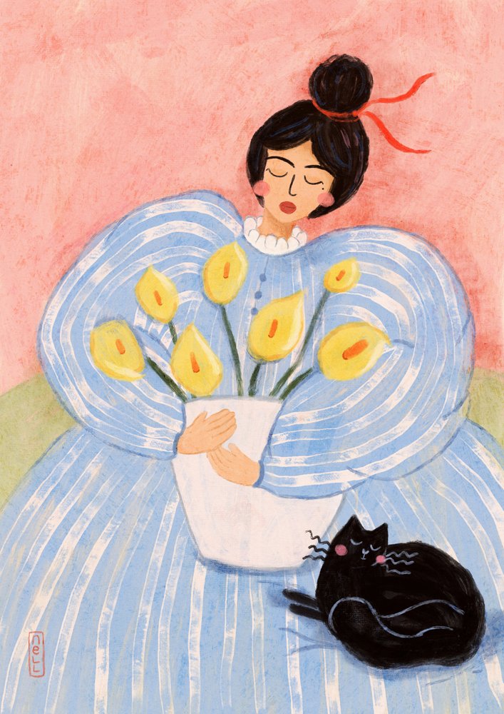 Mulher com flores e um gato de Dirkie Nell