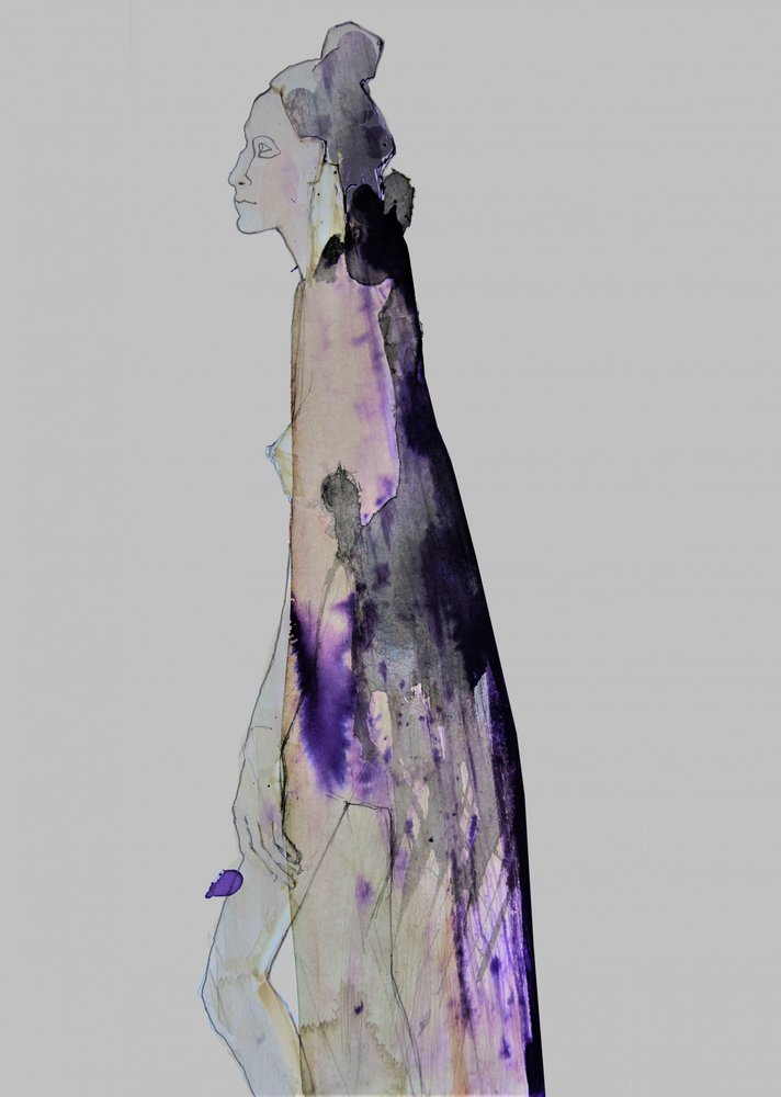 Mulher Pensativa com Vestido Drapeado de Doris Schmitz