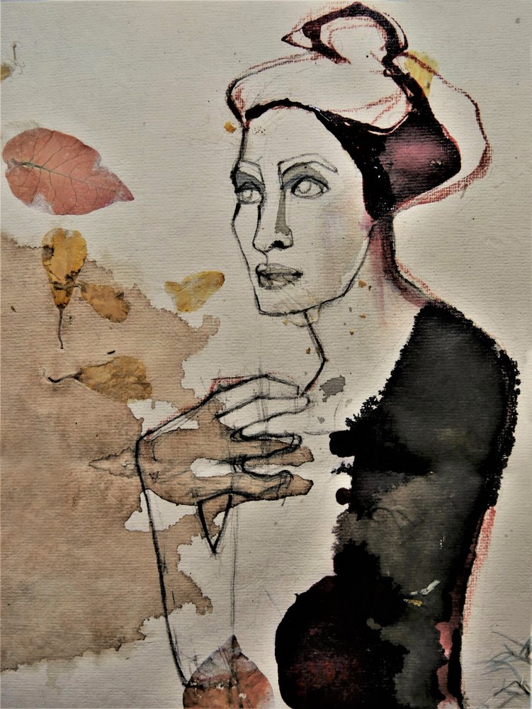 Mulher pensativa com folhas de Doris Schmitz