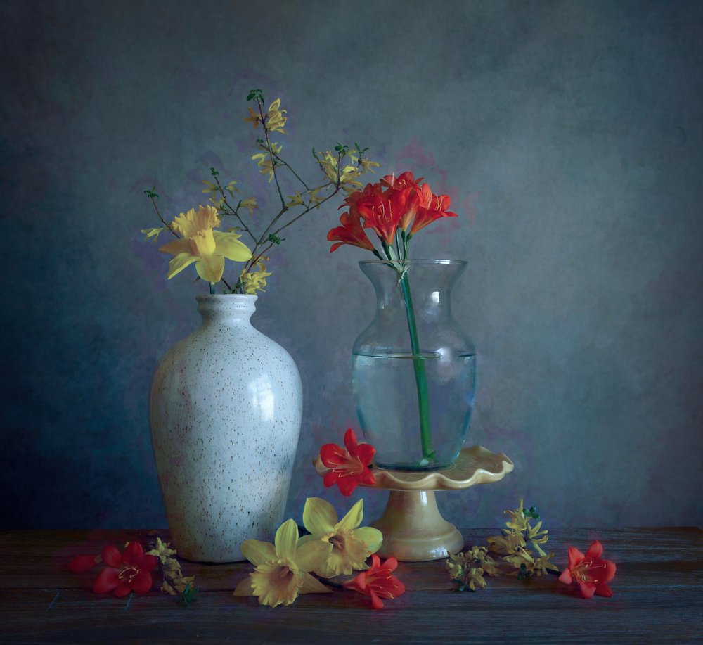 Vasos com flores da primavera de Fangping Zhou