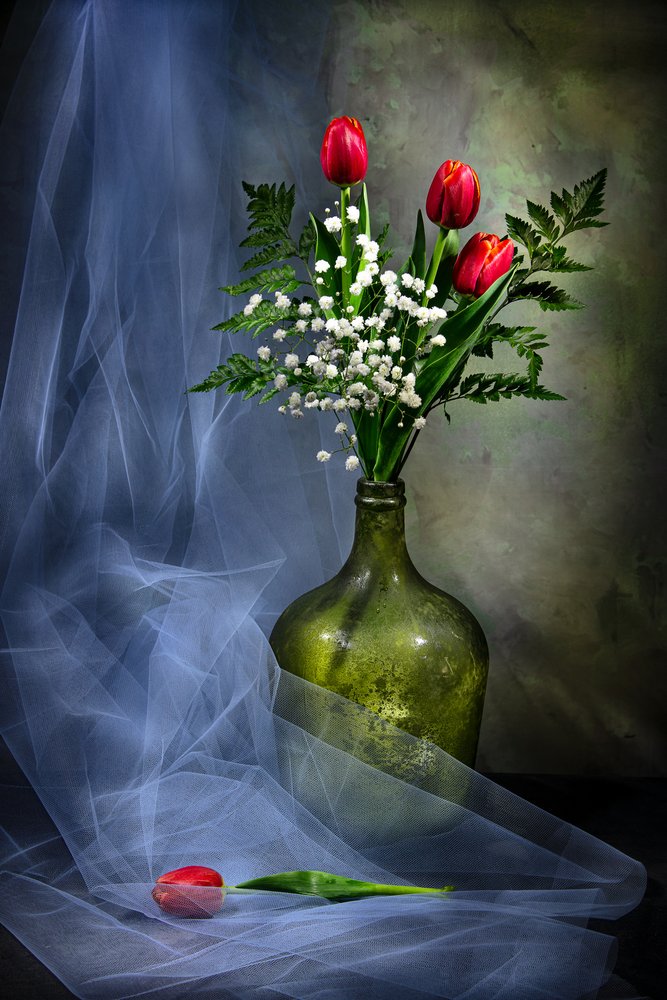 Tulipas elegantes num vaso de vidro de Felice Angelino