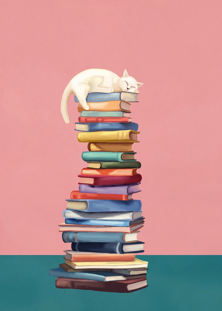 Gatinho aconchegado em cima de livros coloridos de Flow Line