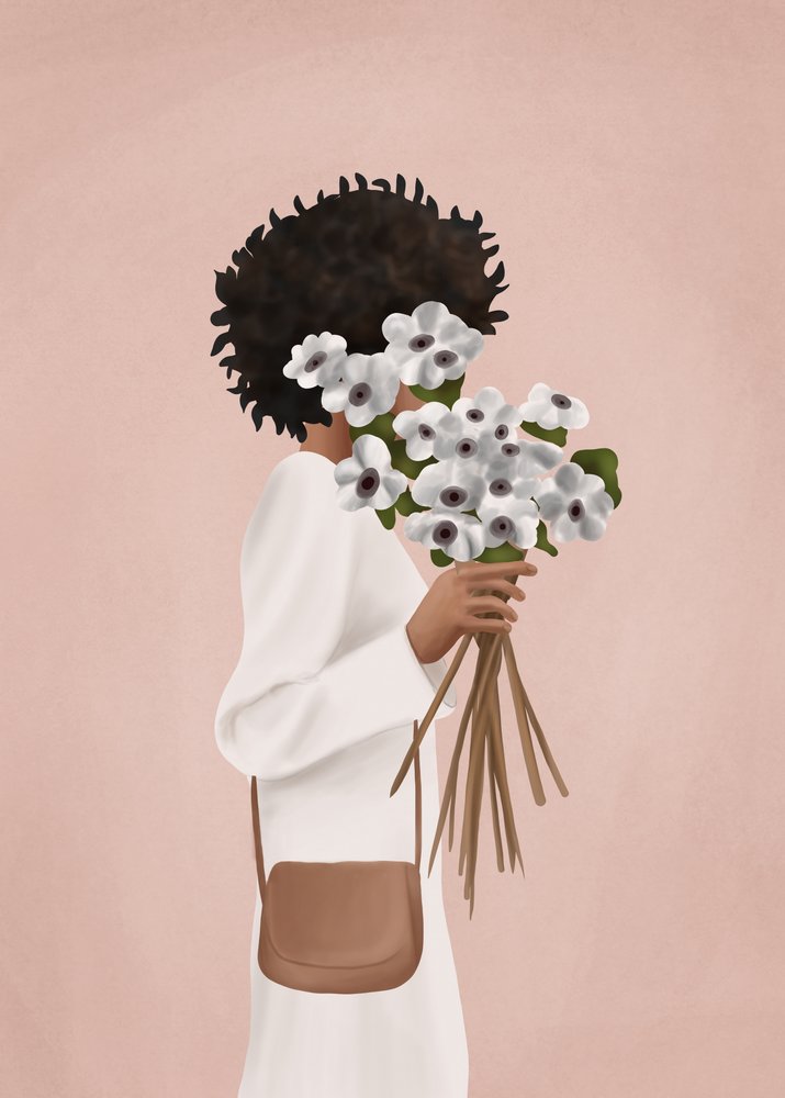 Mulher com um ramo de flores brancas de Flow Line
