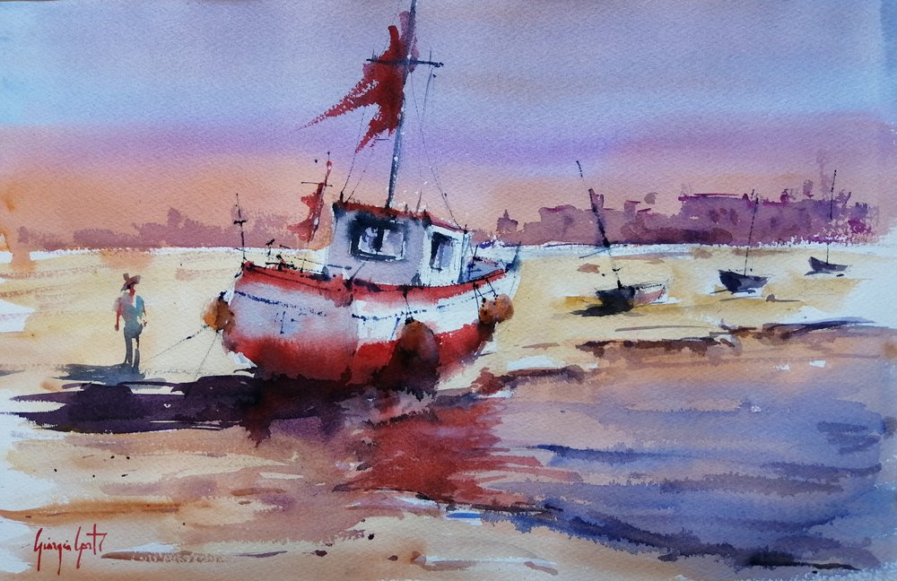 Barco encalhado ao pôr-do-sol de Giorgio Gosti