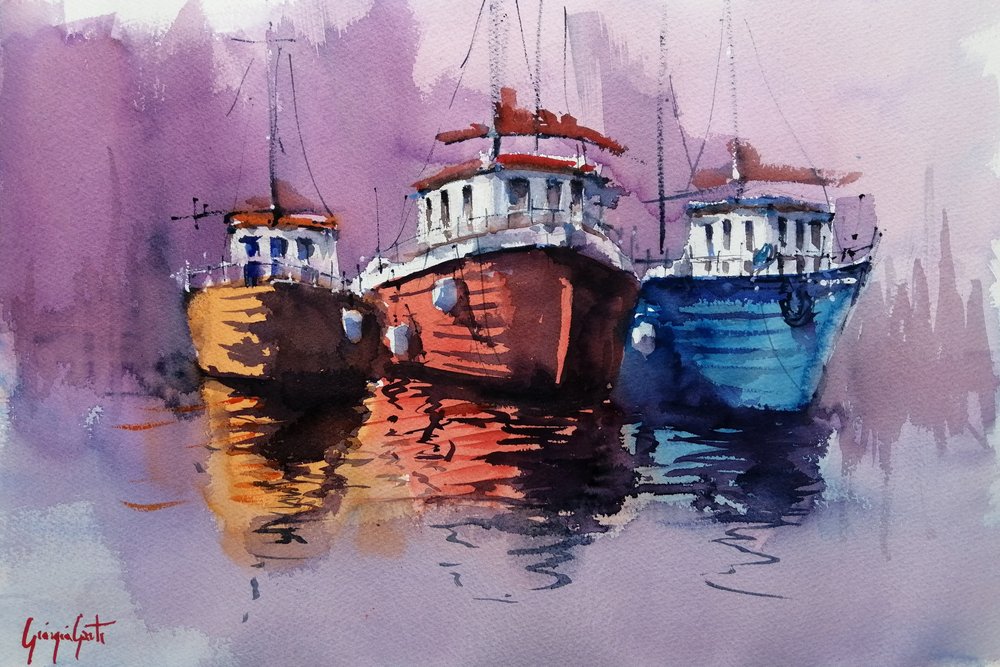 Barcos coloridos no porto de Giorgio Gosti