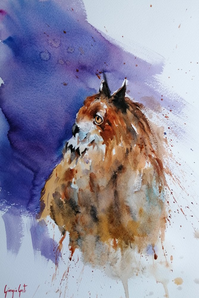 Coruja em aquarela expressiva de Giorgio Gosti