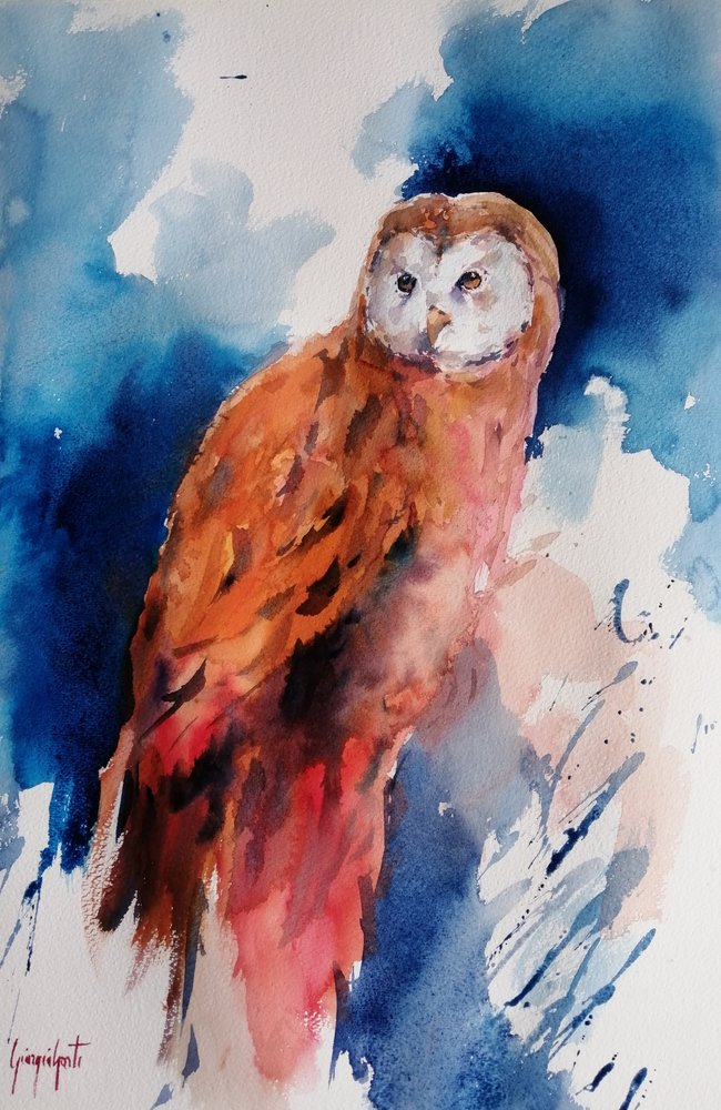 Coruja Majestosa em Aquarela de Giorgio Gosti