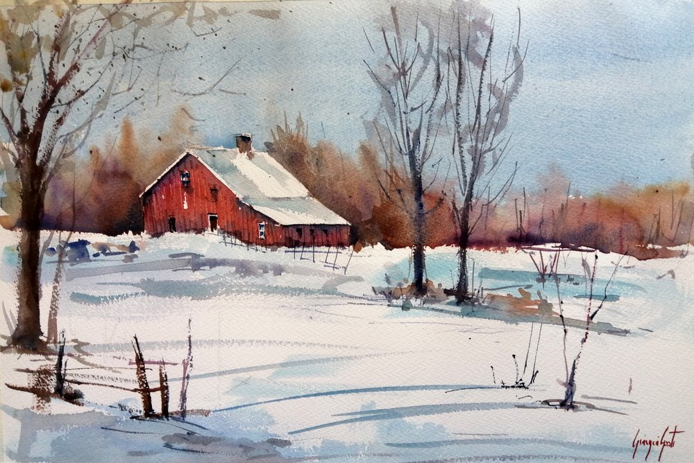 Paisagem de inverno com celeiro vermelho de Giorgio Gosti